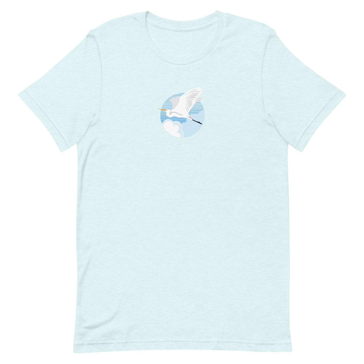 Great egret in flight against a blue circle on a t-shirt in heather ice blue, front view – Kate Spain design