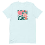 Botanica modern floral design with pink and coral blooms on a t-shirt in heather ice blue, front view – Kate Spain design