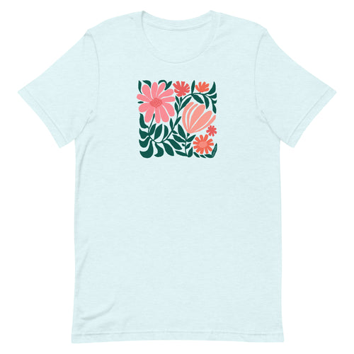 Botanica modern floral design with pink and coral blooms on a t-shirt in heather ice blue, front view – Kate Spain design