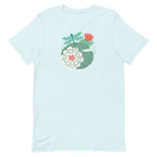 Dragonfly over water lilies and lily pads on a t-shirt in heather ice blue, front view – Kate Spain design