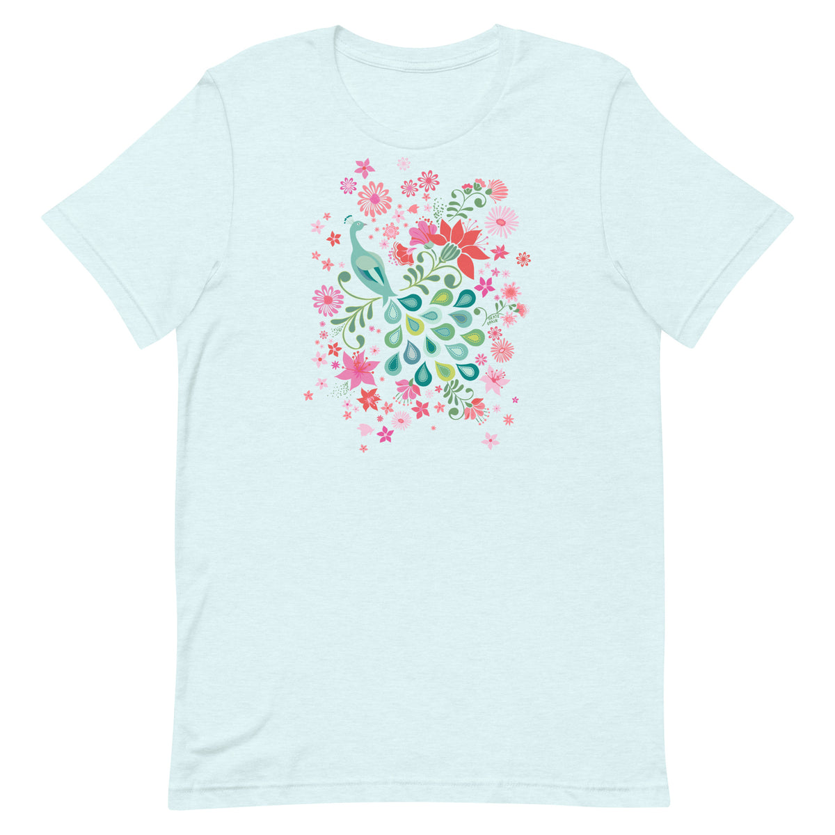 Peacock Flowers design, a peacock among coral, pink, mint and teal blooms on a t-shirt in heather ice blue, front view – Kate Spain design