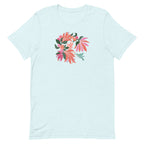 Hummingbird among coral tropical flowers on a t-shirt in heather ice blue, front view – Kate Spain design