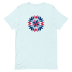 Barn Star quilt block in red, white and blue on a staple t-shirt in heather ice blue, front view – Kate Spain design for Pat Sloan