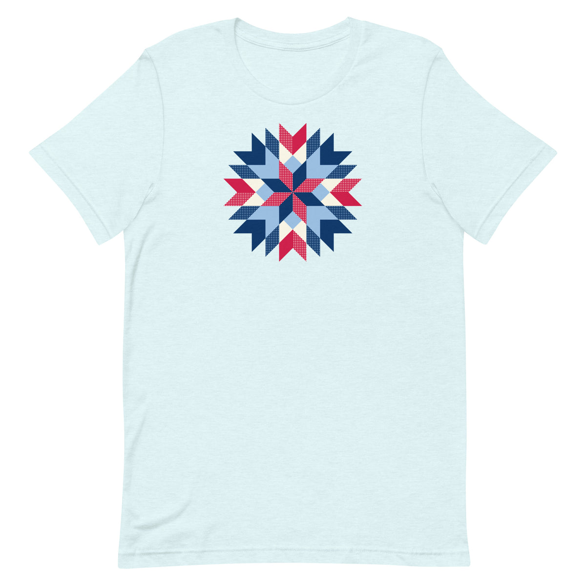 Barn Star quilt block in red, white and blue on a staple t-shirt in heather ice blue, front view – Kate Spain design for Pat Sloan