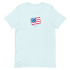 Patchwork Flag quilt-style flag with fireworks on a staple t-shirt in heather ice blue, front view – Kate Spain design for Pat Sloan