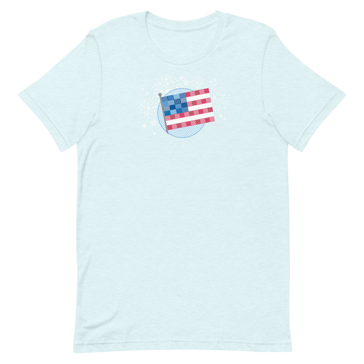 Patchwork Flag quilt-style flag with fireworks on a staple t-shirt in heather ice blue, front view – Kate Spain design for Pat Sloan