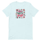 Sew Merry + Bright lettering with quilt stars and holly on a staple t-shirt in heather ice blue, front view – Kate Spain design for Pat Sloan