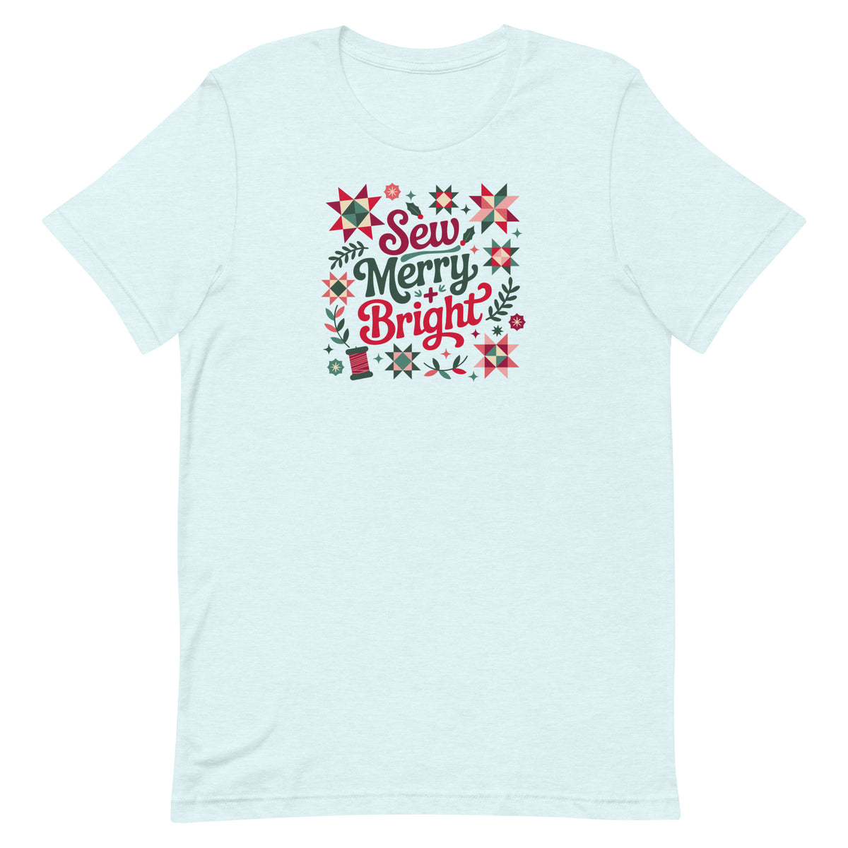 Sew Merry + Bright lettering with quilt stars and holly on a staple t-shirt in heather ice blue, front view – Kate Spain design for Pat Sloan