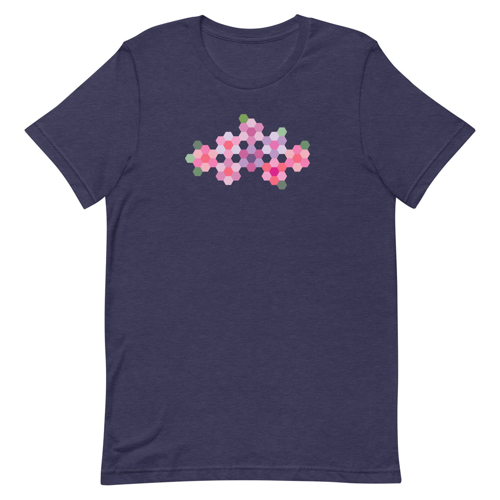 Pink GeoFlora hexagon flowers in pinks, mauves and sage on a t-shirt in heather navy, front view – Kate Spain design for Pat Sloan