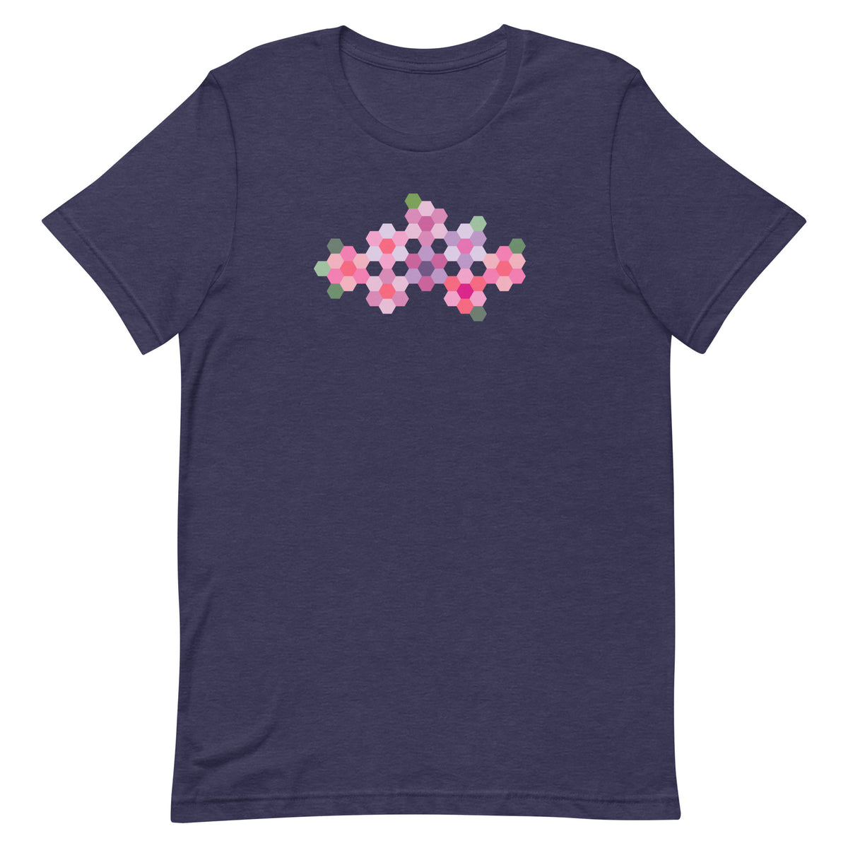 Pink GeoFlora hexagon flowers in pinks, mauves and sage on a t-shirt in heather navy, front view – Kate Spain design for Pat Sloan