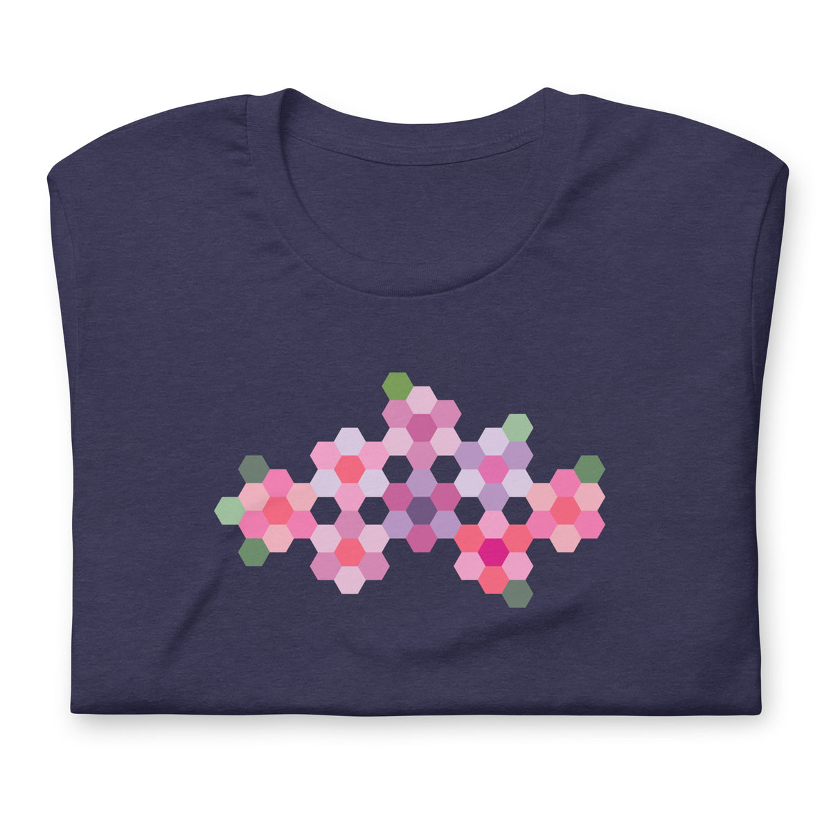 Pink GeoFlora hexagon flowers in pinks, mauves and sage on a t-shirt in heather navy, folded close-up of the design – Kate Spain design for Pat Sloan
