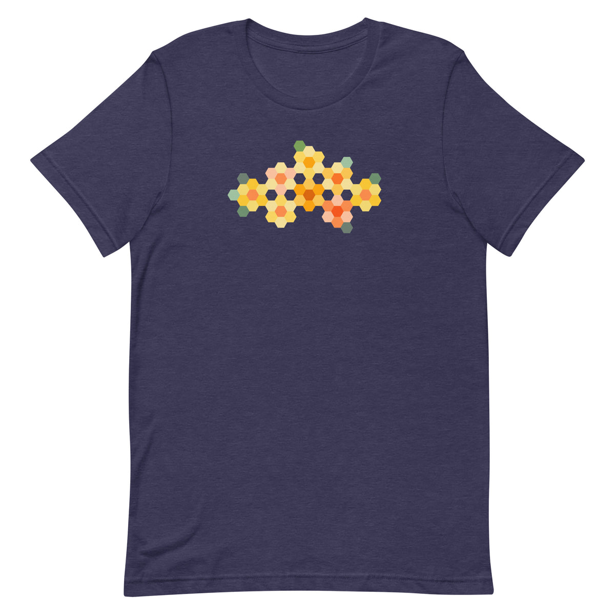 Yellow GeoFlora hexagon flowers in golden yellow, orange, coral and sage on a t-shirt in heather navy, front view – Kate Spain design for Pat Sloan