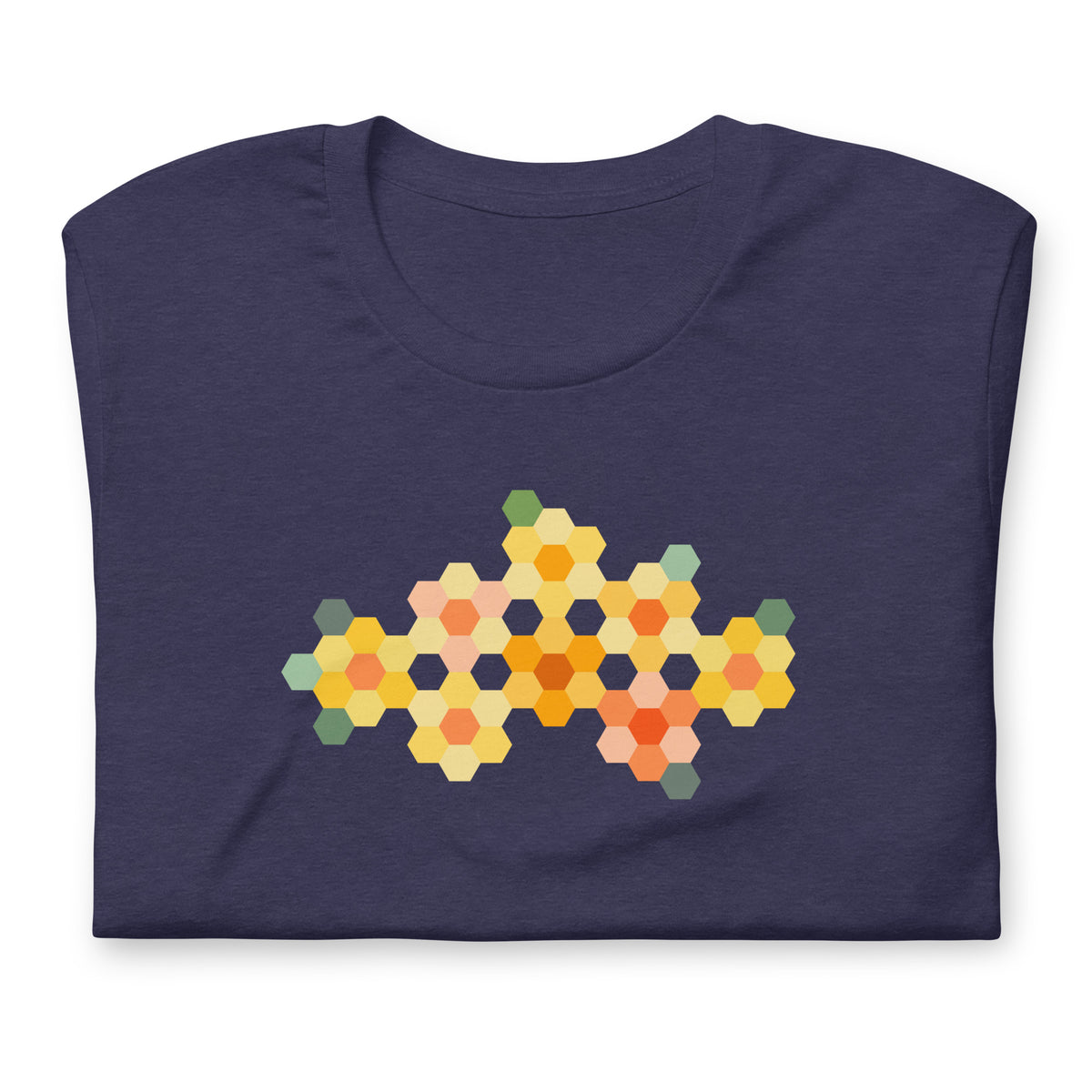 Yellow GeoFlora hexagon flowers in golden yellow, orange, coral and sage on a t-shirt in heather navy, folded close-up of the design – Kate Spain design for Pat Sloan