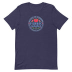 Fabric Curator Society of Stashers badge with a tomato pincushion on a t-shirt in heather navy, front view – Kate Spain design for Pat Sloan