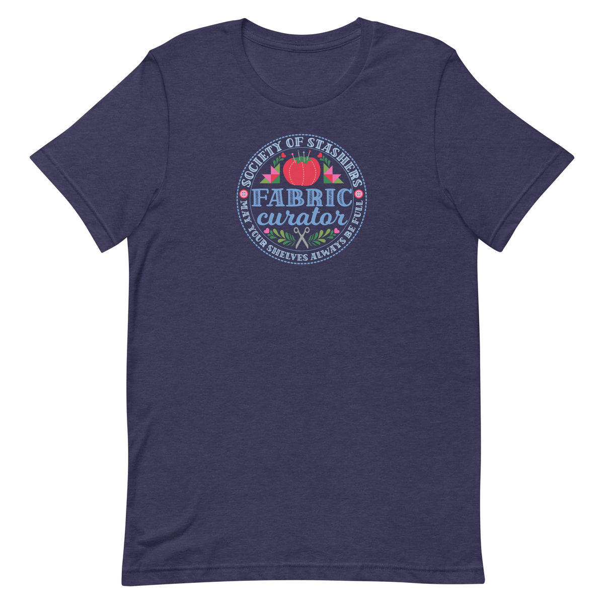 Fabric Curator Society of Stashers badge with a tomato pincushion on a t-shirt in heather navy, front view – Kate Spain design for Pat Sloan
