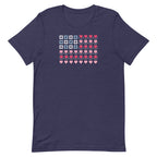 United We Quilt patchwork flag with quilt-block stars and heart stripes on a t-shirt in heather navy, front view – Kate Spain design for Pat Sloan