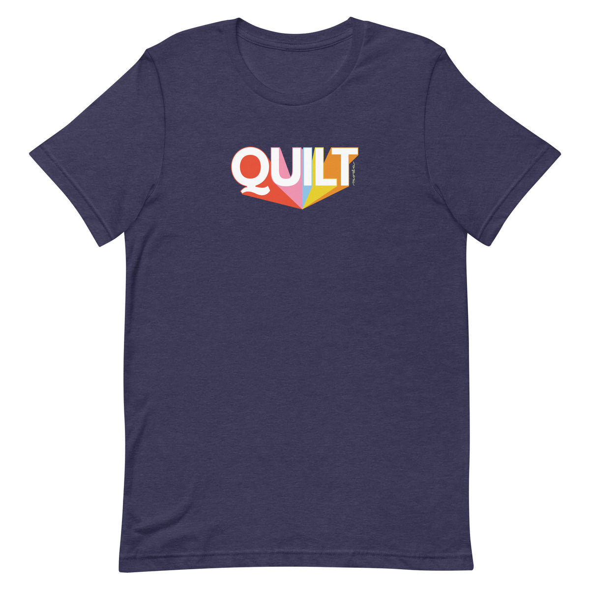 Moda QUILT logo with orange, pink, blue and yellow rays on a staple t-shirt in heather navy, front view – Kate Spain design