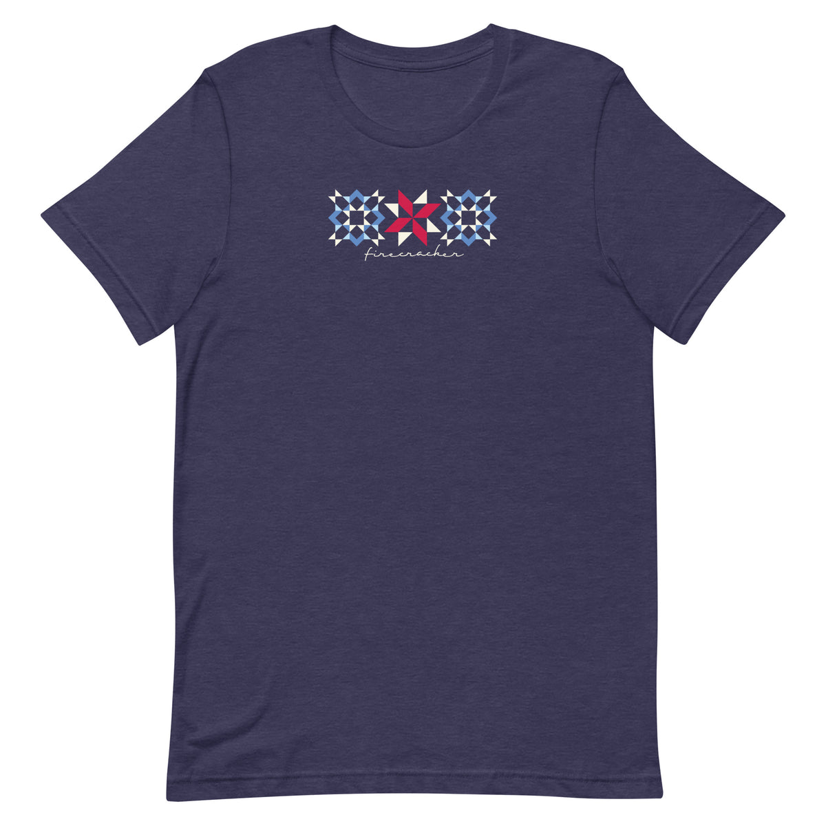 Firecracker quilt-block stars with script lettering in red, white and blue on a t-shirt in heather navy, front view – Kate Spain design for Pat Sloan