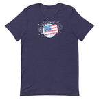 Patchwork Flag quilt-style flag with fireworks on a staple t-shirt in heather navy, front view – Kate Spain design for Pat Sloan
