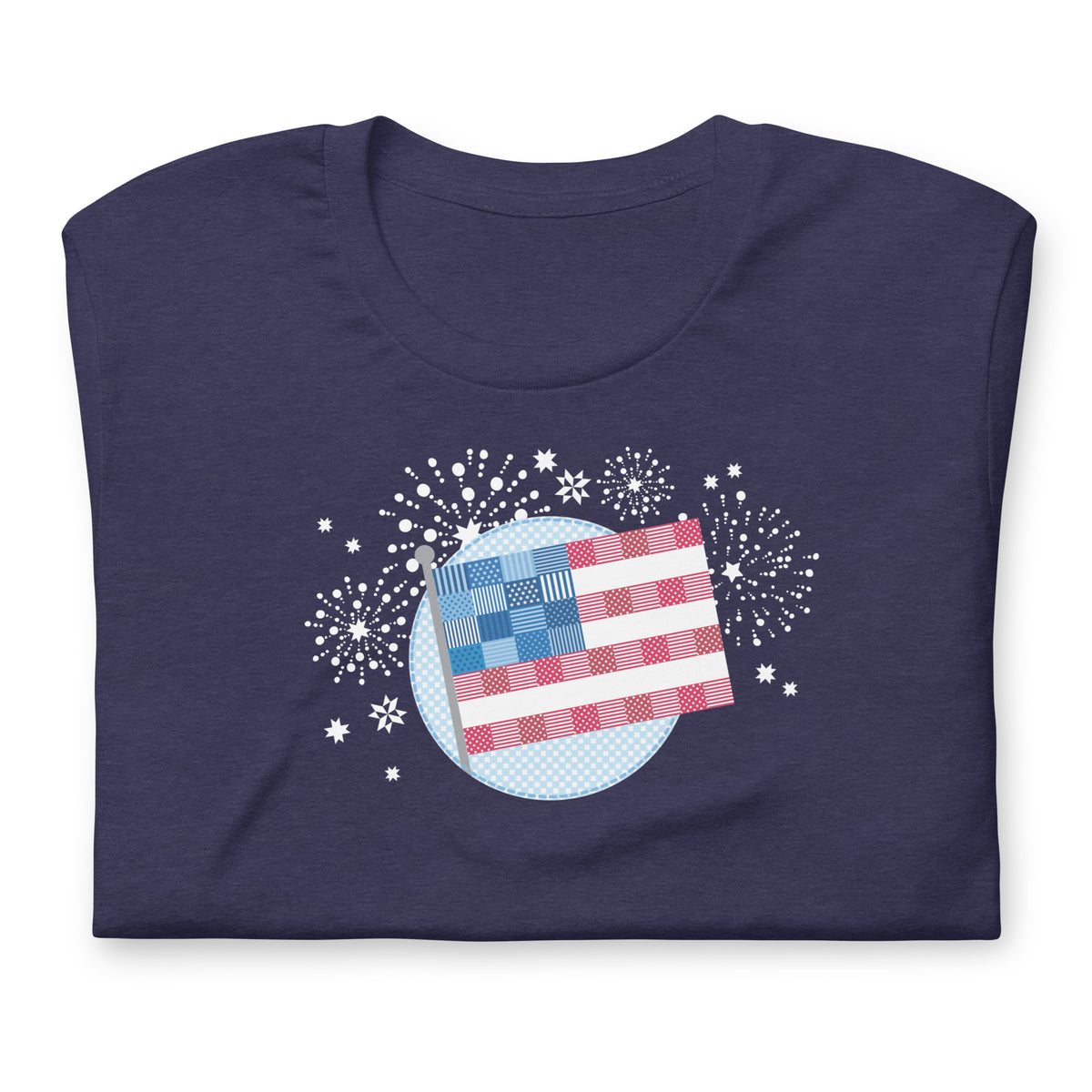 Patchwork Flag quilt-style flag with fireworks on a staple t-shirt in heather navy, folded close-up of the design – Kate Spain design for Pat Sloan