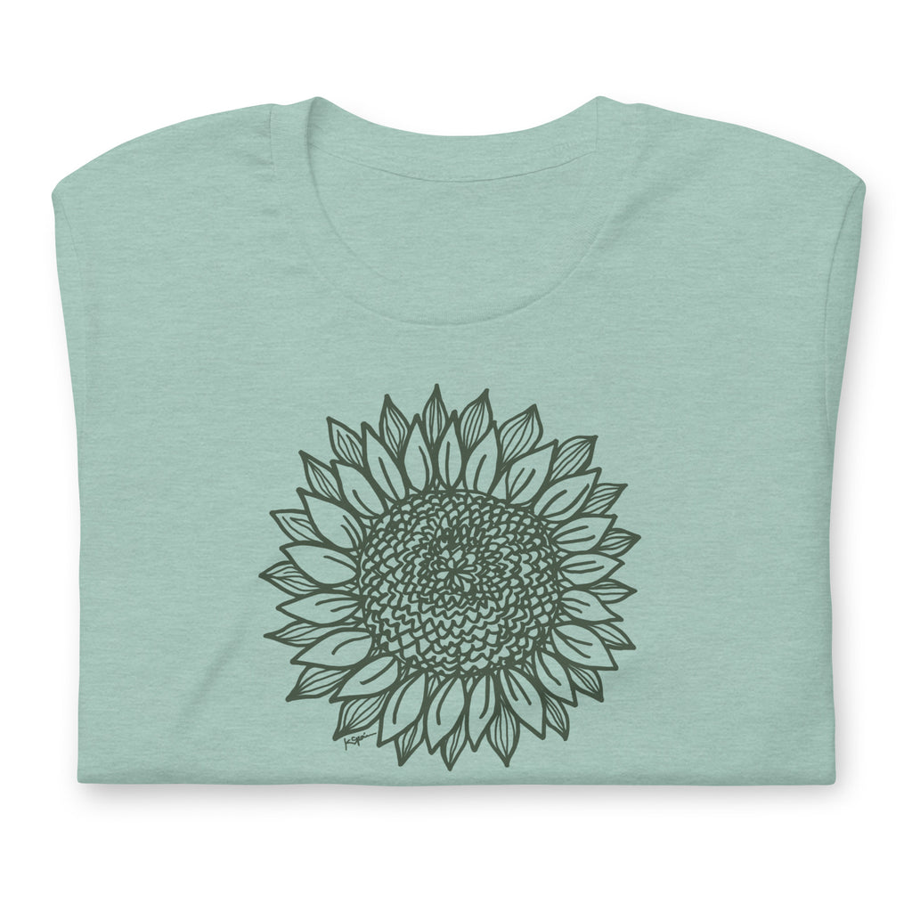 Green botanical line-art sunflower drawn from life on a crewneck t-shirt in heather prism jade, folded close-up of the design – Sunflower by Kate Spain