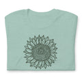 Green botanical line-art sunflower drawn from life on a crewneck t-shirt in heather prism jade, folded close-up of the design – Sunflower by Kate Spain