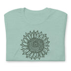 Green botanical line-art sunflower drawn from life on a crewneck t-shirt in heather prism jade, folded close-up of the design – Sunflower by Kate Spain