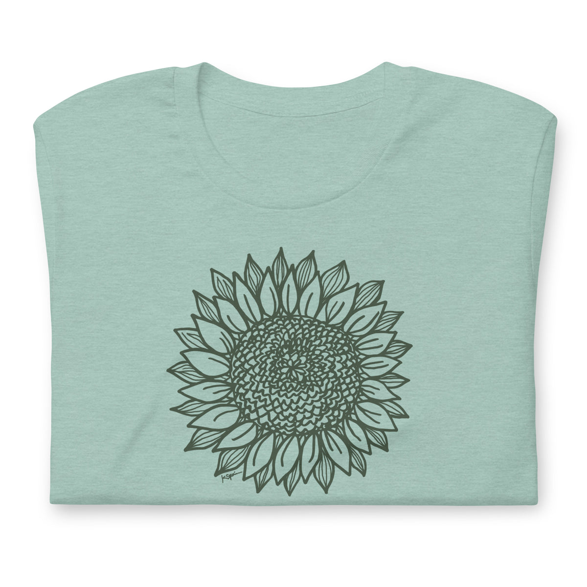 Green botanical line-art sunflower drawn from life on a crewneck t-shirt in heather prism jade, folded close-up of the design – Sunflower by Kate Spain