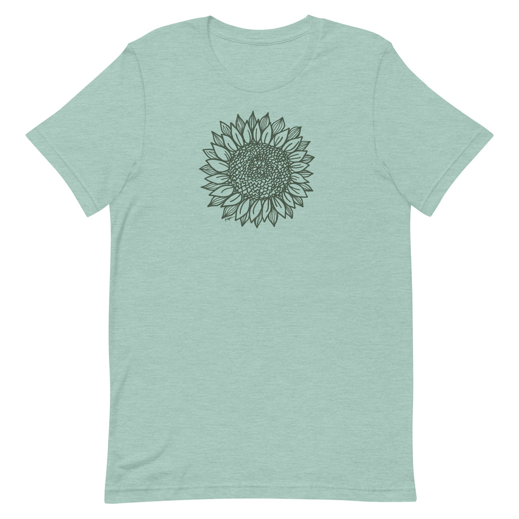Green botanical line-art sunflower drawn from life on a crewneck t-shirt in heather prism jade, front view – Sunflower by Kate Spain