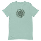 Green botanical line-art sunflower drawn from life on a crewneck t-shirt in heather prism jade, front view – Sunflower by Kate Spain