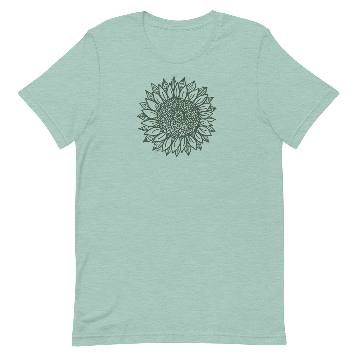 Green botanical line-art sunflower drawn from life on a crewneck t-shirt in heather prism jade, front view – Sunflower by Kate Spain