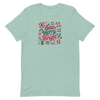 Sew Merry + Bright lettering with quilt stars and holly on a staple t-shirt in heather prism jade, front view – Kate Spain design for Pat Sloan