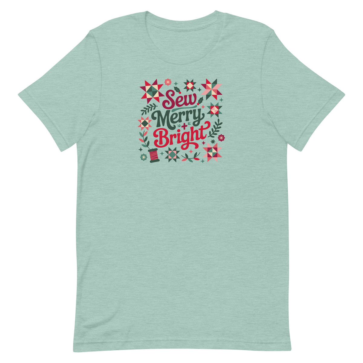 Sew Merry + Bright lettering with quilt stars and holly on a staple t-shirt in heather prism jade, front view – Kate Spain design for Pat Sloan
