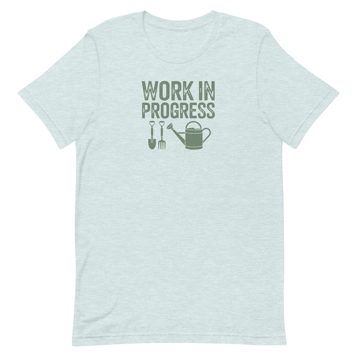 Garden Work in Progress distressed lettering with a shovel, pitchfork and watering can on a t-shirt in heather prism ice blue, front view – Kate Spain design