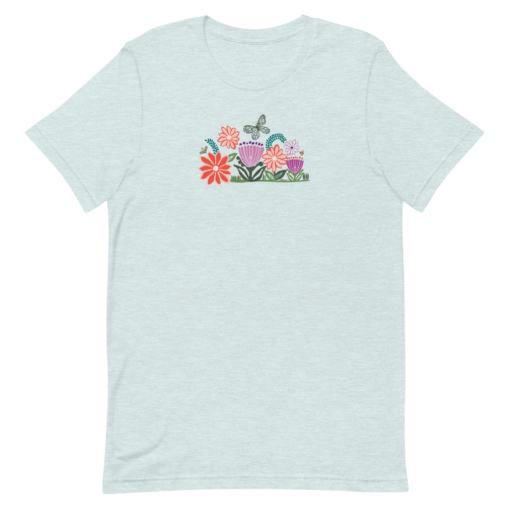 Bloom woodblock-style flowers with a butterfly, ladybug and bee on a t-shirt in heather prism ice blue, front view – Kate Spain design