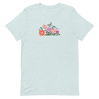 Bloom woodblock-style flowers with a butterfly, ladybug and bee on a t-shirt in heather prism ice blue, front view – Kate Spain design