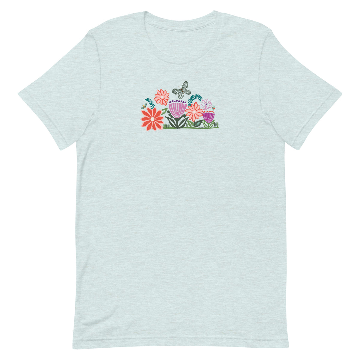 Bloom woodblock-style flowers with a butterfly, ladybug and bee on a t-shirt in heather prism ice blue, front view – Kate Spain design