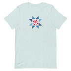 Liberty Love star quilt block with a heart in red, white and blue on a t-shirt in heather prism ice blue, front view – Kate Spain design for Pat Sloan