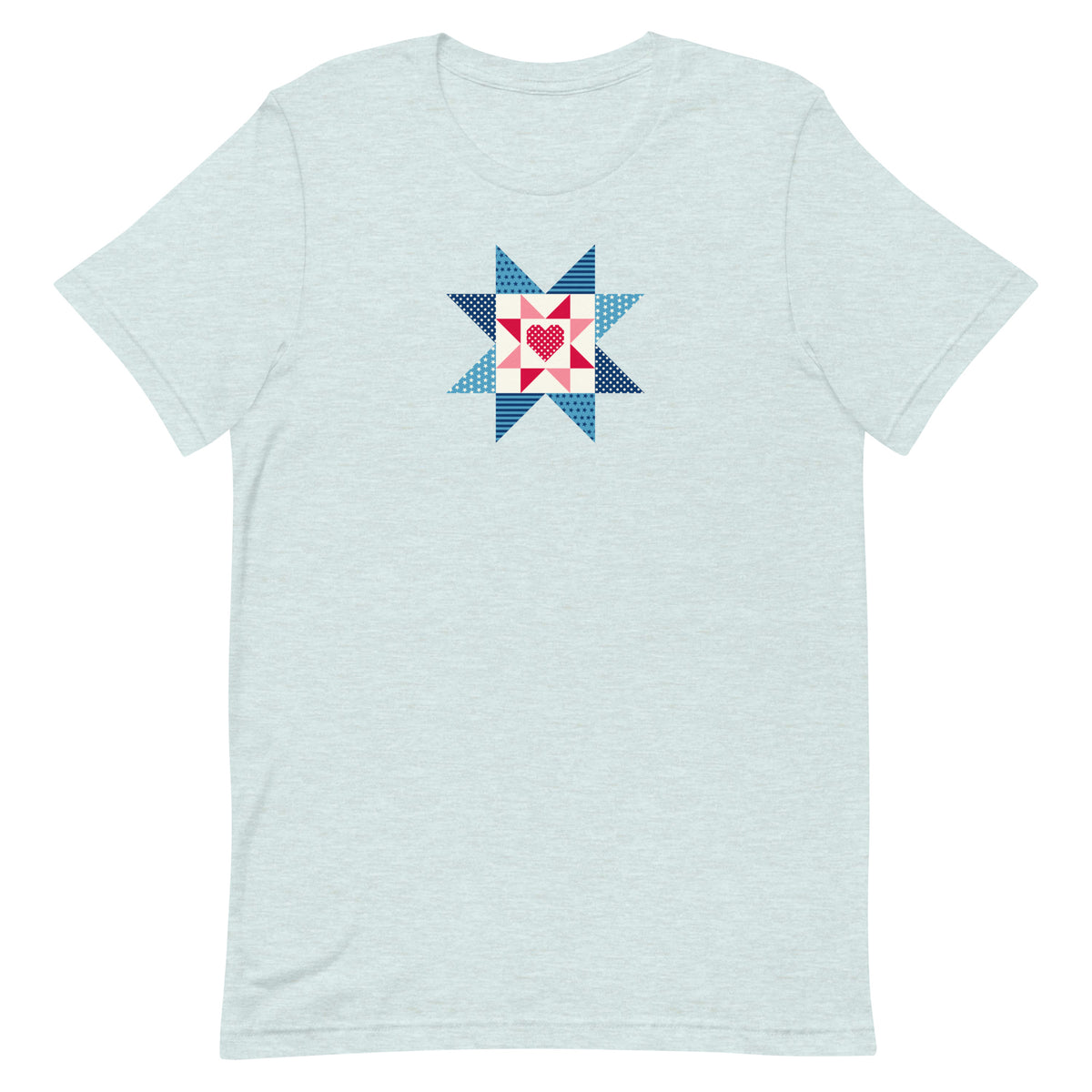 Liberty Love star quilt block with a heart in red, white and blue on a t-shirt in heather prism ice blue, front view – Kate Spain design for Pat Sloan