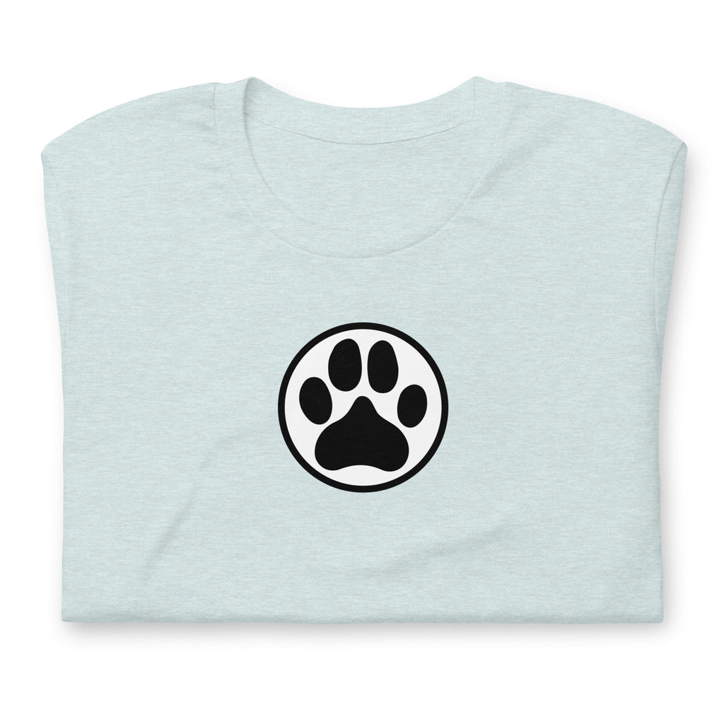 Law of the Paw® dog paw print on a t-shirt in heather prism ice blue, folded close-up of the design – Kate Spain design