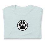 Law of the Paw® dog paw print on a t-shirt in heather prism ice blue, folded close-up of the design – Kate Spain design