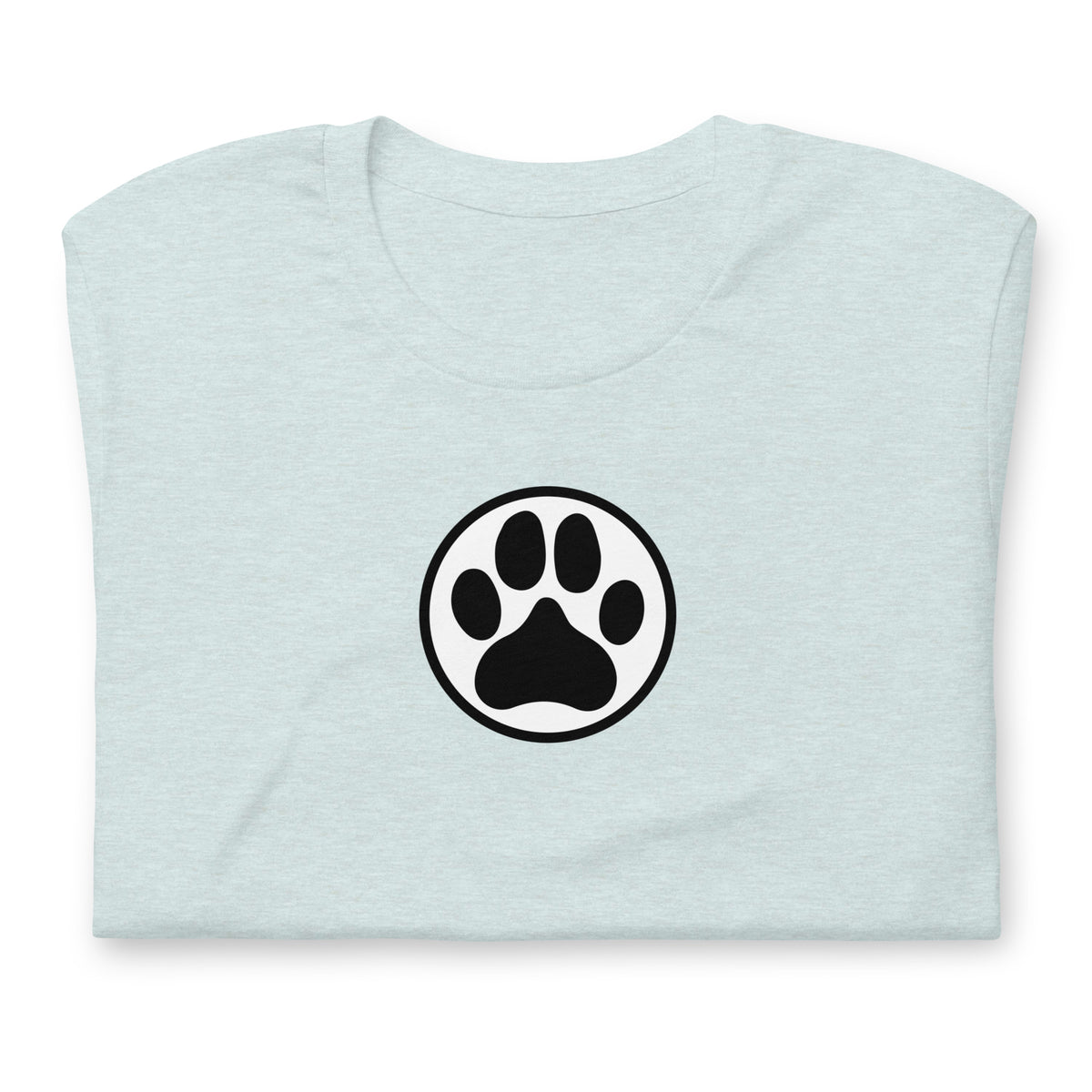 Law of the Paw® dog paw print on a t-shirt in heather prism ice blue, folded close-up of the design – Kate Spain design
