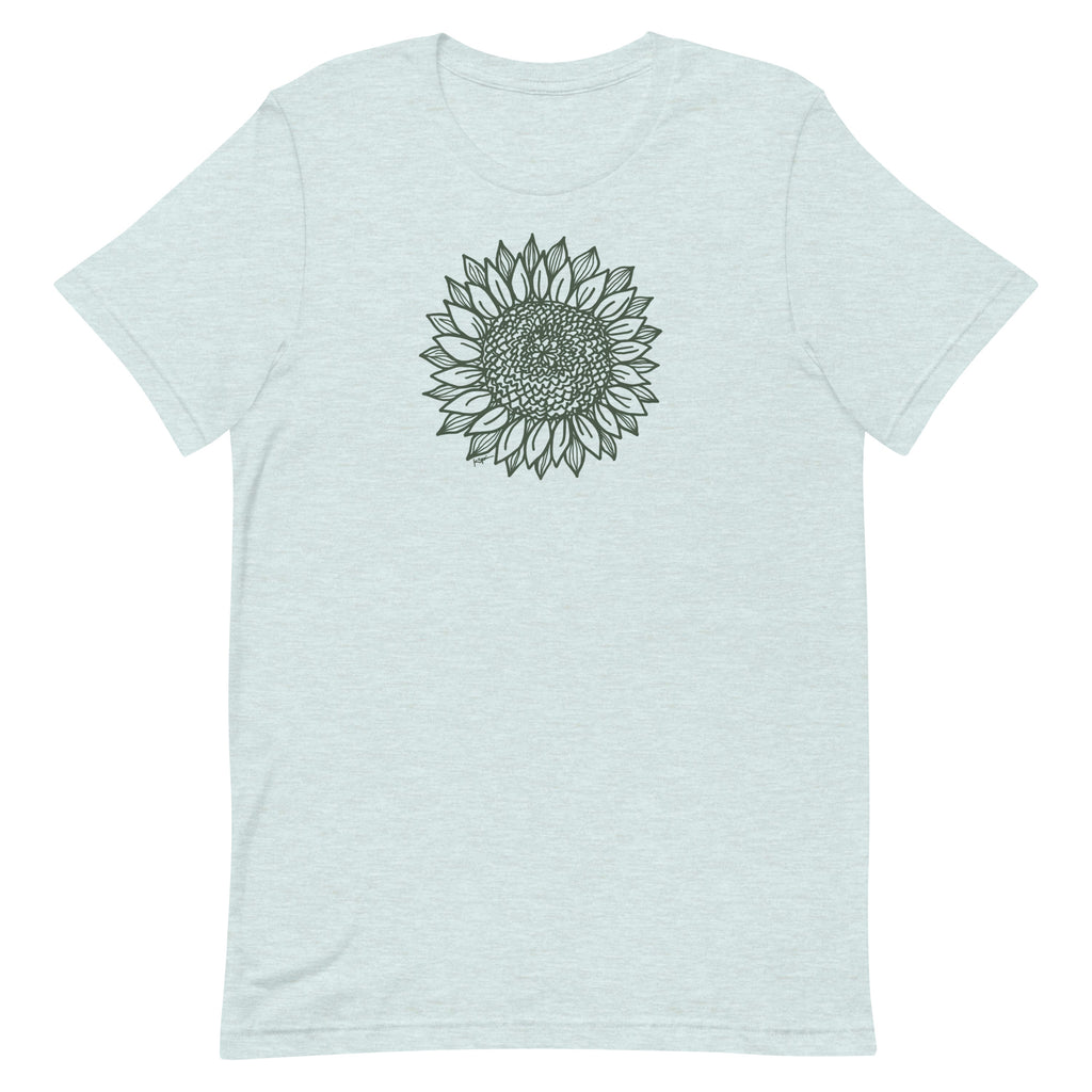 Green botanical line-art sunflower drawn from life on a crewneck t-shirt in heather prism ice blue, front view – Sunflower by Kate Spain