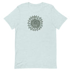 Green botanical line-art sunflower drawn from life on a crewneck t-shirt in heather prism ice blue, front view – Sunflower by Kate Spain