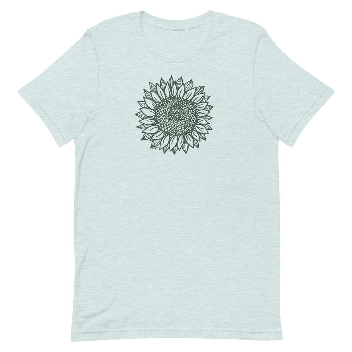 Green botanical line-art sunflower drawn from life on a crewneck t-shirt in heather prism ice blue, front view – Sunflower by Kate Spain