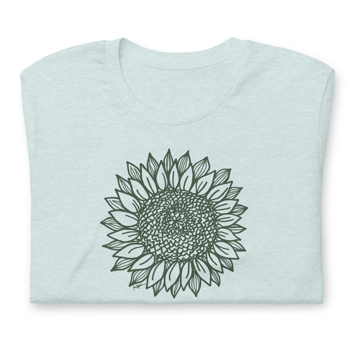 Green botanical line-art sunflower drawn from life on a crewneck t-shirt in heather prism ice blue, folded close-up of the design – Sunflower by Kate Spain