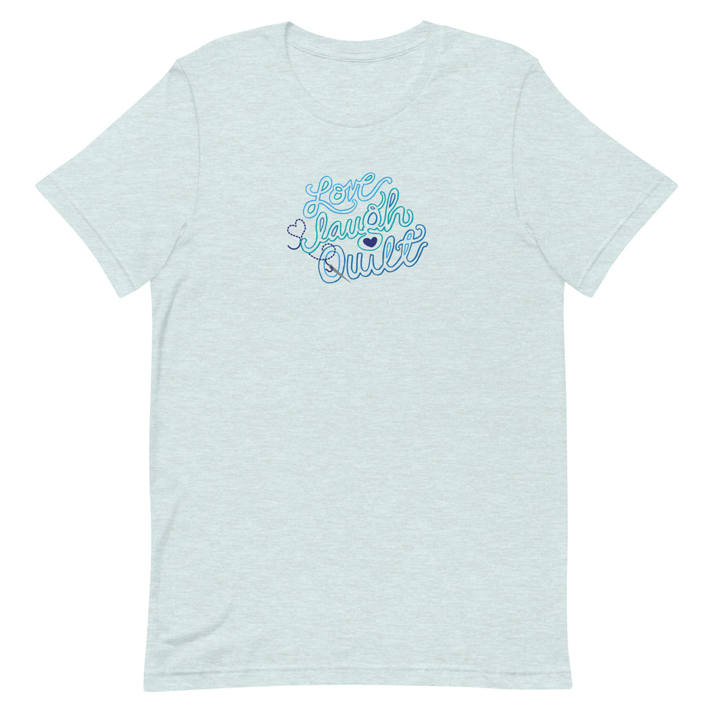 Love Laugh Quilt hand-lettered quilting design on a t-shirt in heather prism ice blue, front view – Kate Spain design