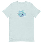 Love Laugh Quilt hand-lettered quilting design on a t-shirt in heather prism ice blue, front view – Kate Spain design
