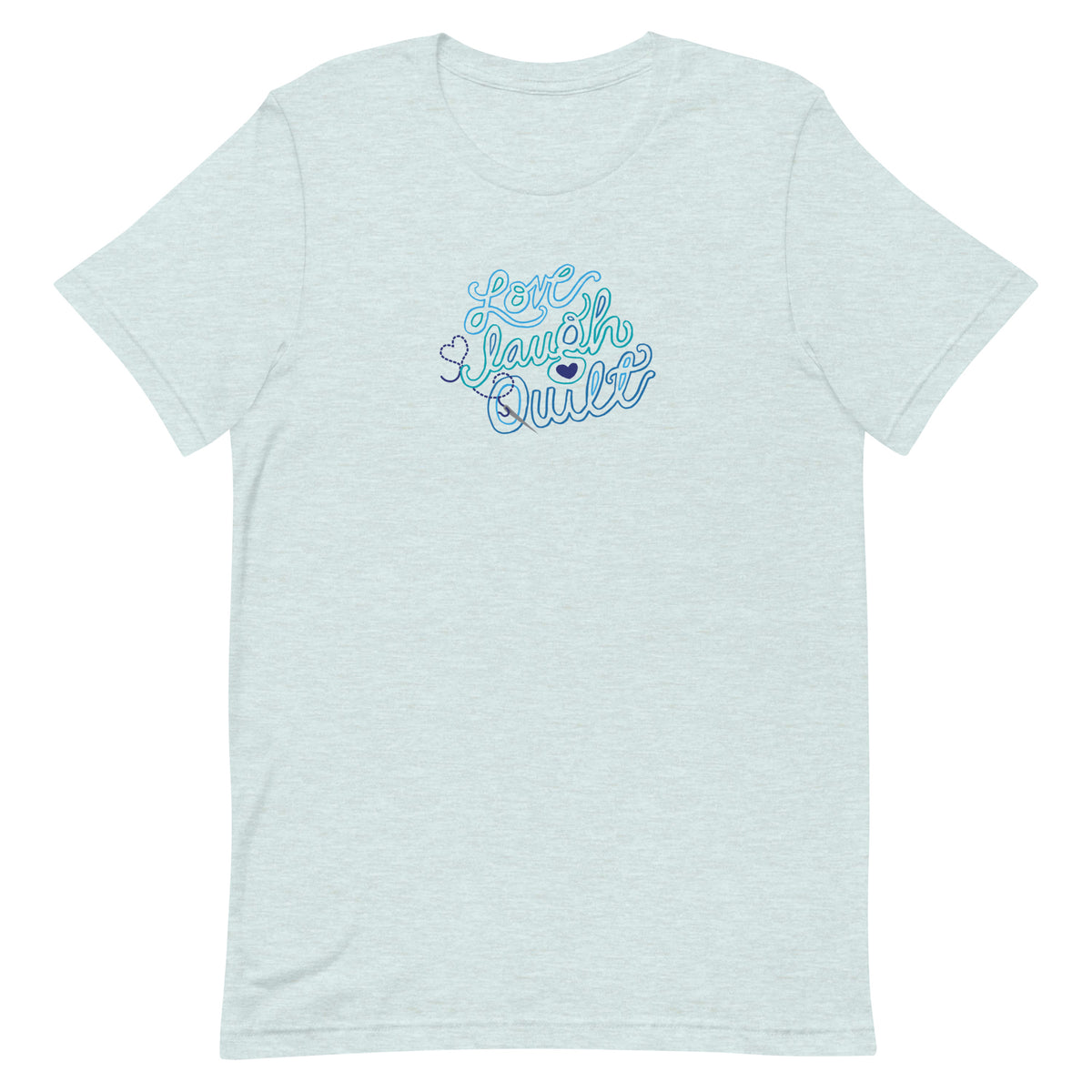 Love Laugh Quilt hand-lettered quilting design on a t-shirt in heather prism ice blue, front view – Kate Spain design