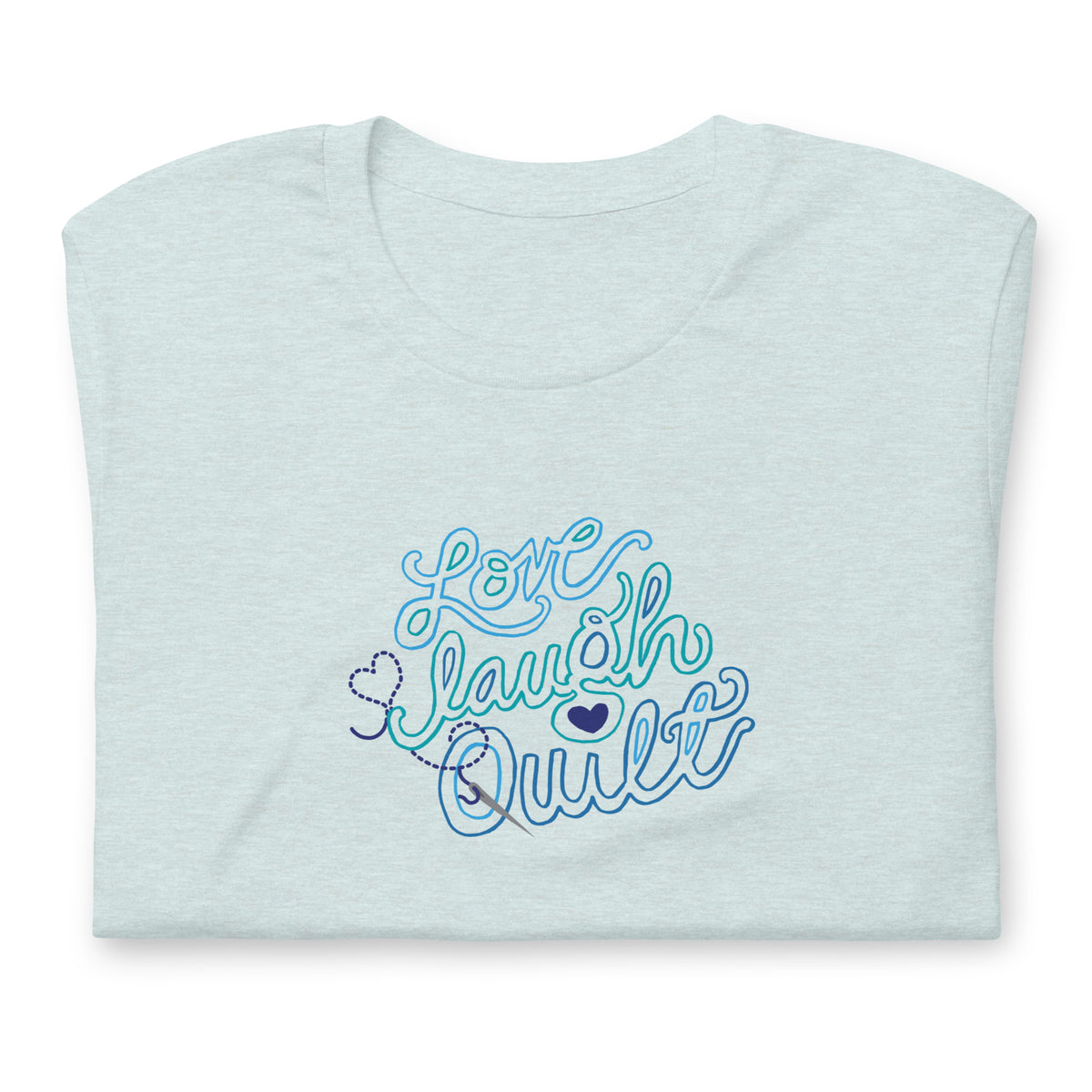 Love Laugh Quilt hand-lettered quilting design on a t-shirt in heather prism ice blue, folded close-up of the design – Kate Spain design